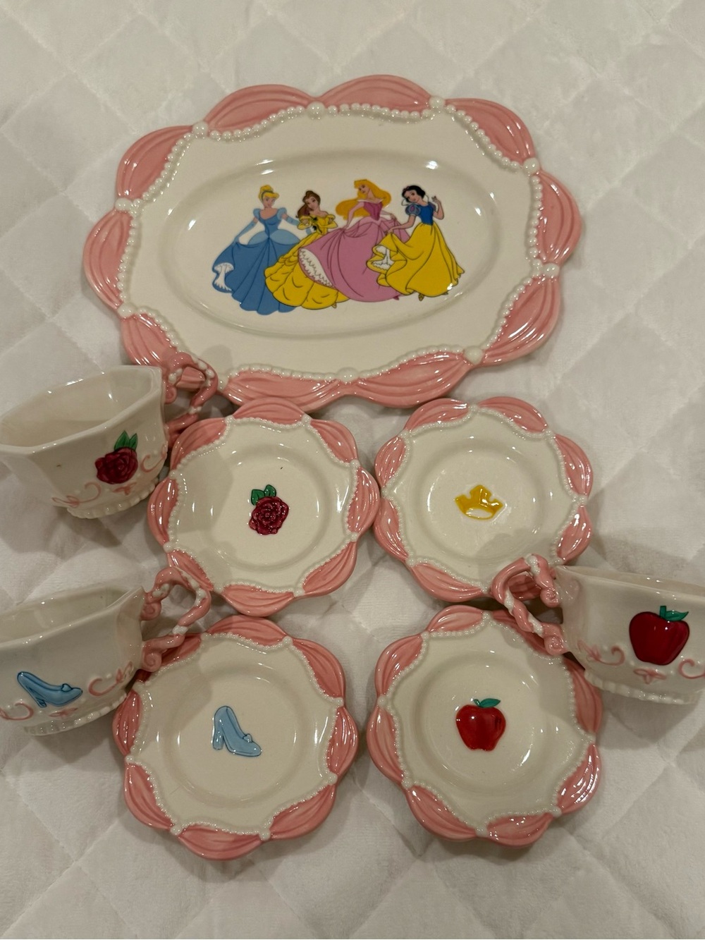 2003 Disney Princess Tea Set Platter, Four Plates and Three Tea Cups
